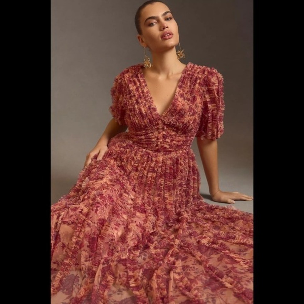 $798 NWT Anthropologie Mac Duggal Size 4 Red Floral Ruffle Long Maxi Dress Gown - Picture 3 of 12